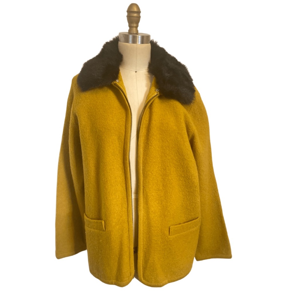 Vintage wool mustard zip up jacket cardigan with fur collar